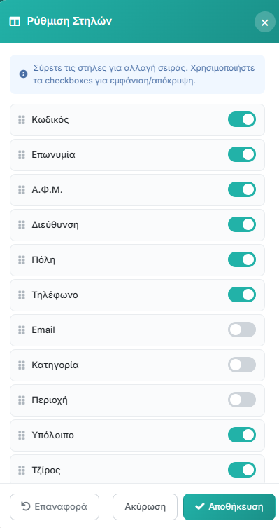 Ρύθμιση Στηλών - Εμφάνιση/Απόκρυψη και Drag & Drop